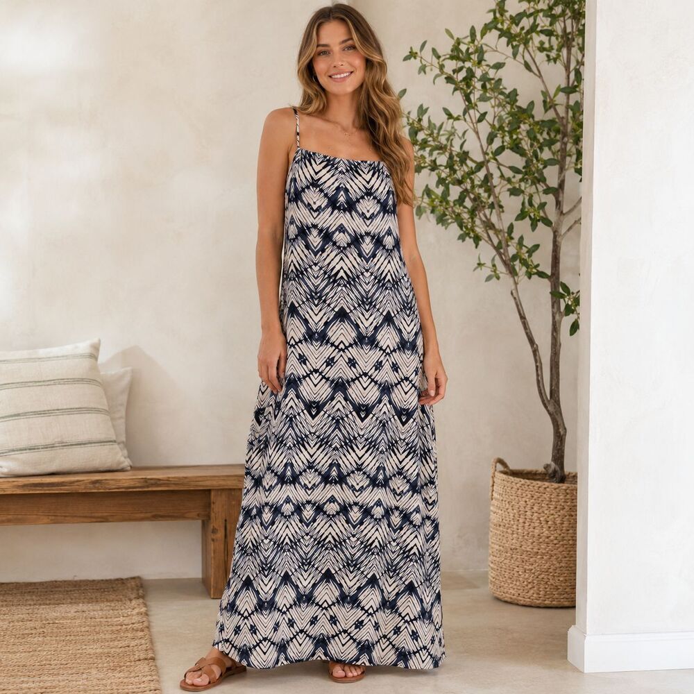 Garnet Hill Maxi Dress 12 Blue Ivory Chevron Rayon Sundress Boho Resort
